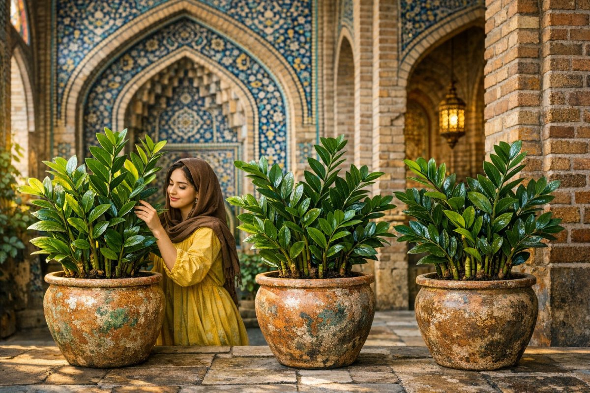 سه گلدان بزرگ از زاموفیلیا و یک دختر که برگهای آن را لمس می‌کند