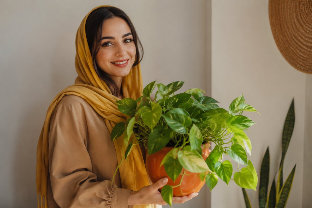 تصویری از یک خانم جوان که گلدان پتوس را برای تکثیر گیاه پتوس در دست دارد.