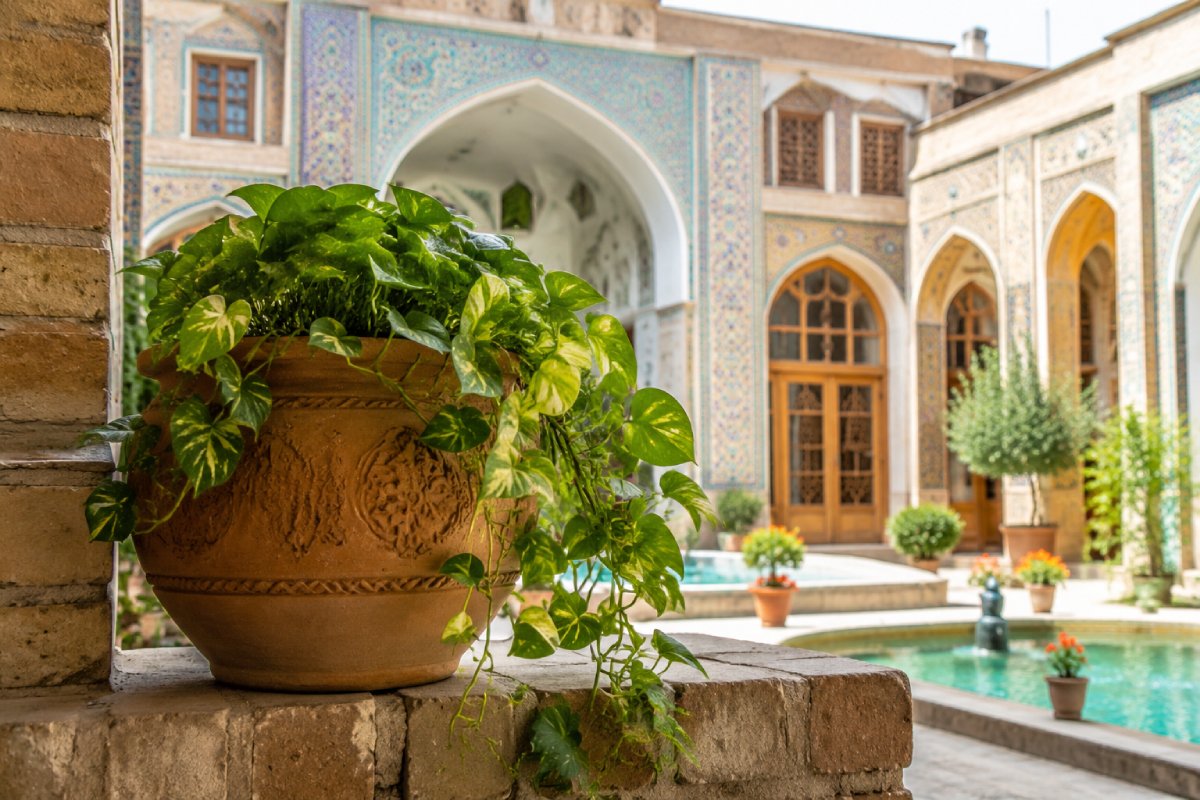 یکگلدان سفالی با گل پتوس