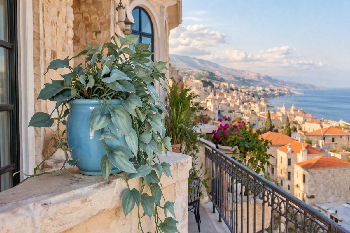 پتوس آبی سبو در گلدان آبی روی بالکن