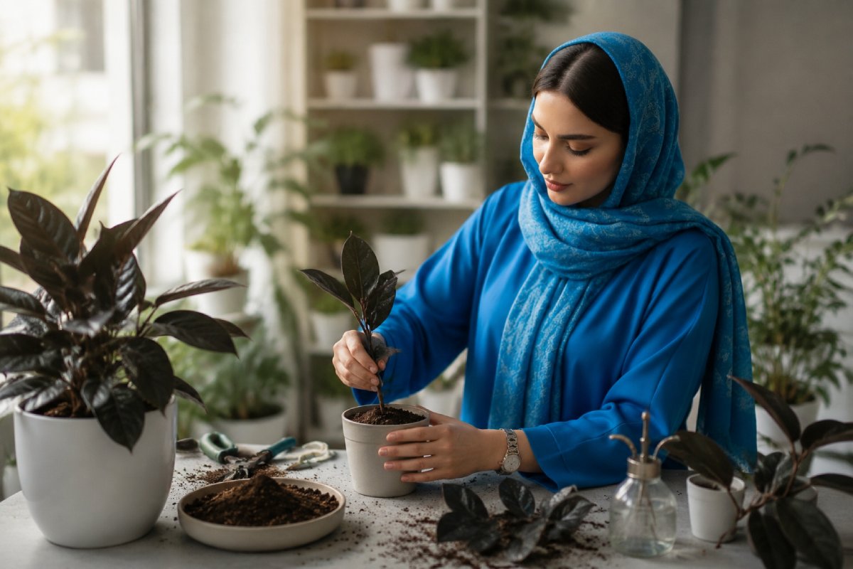 تصویری از یک خانم جوان با لباس آبی در حال تکثیر گل