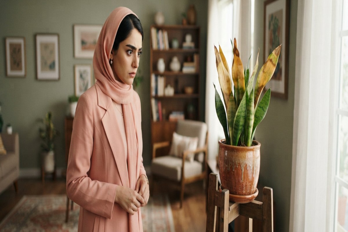 خانمی با لباس گلبهی در کنار یک گل سانسوریا ایستاده برگهای گل نیز از بالا زرد شده است.