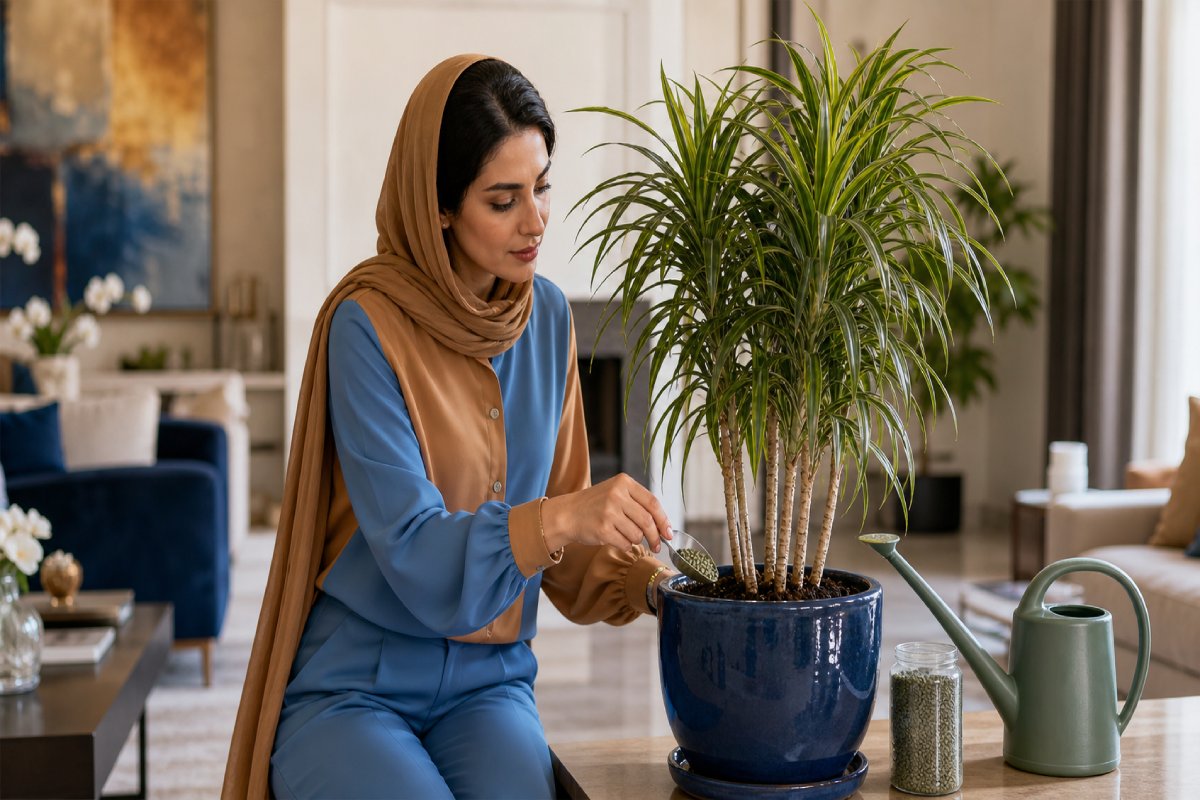 کود دهی به گل دراسنا توسط یک خانم با لباس آبی