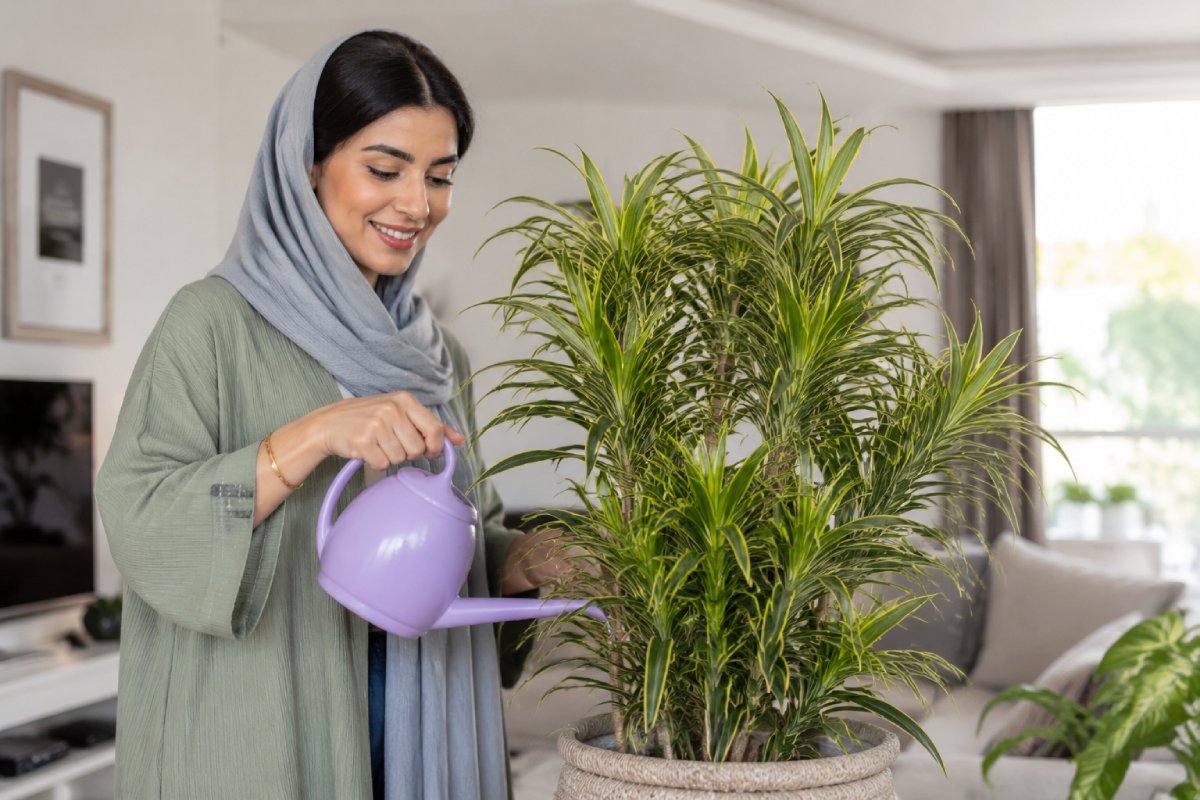آبیاری گیاخ دراسنا رفلکسا توسط یک خانم جوان