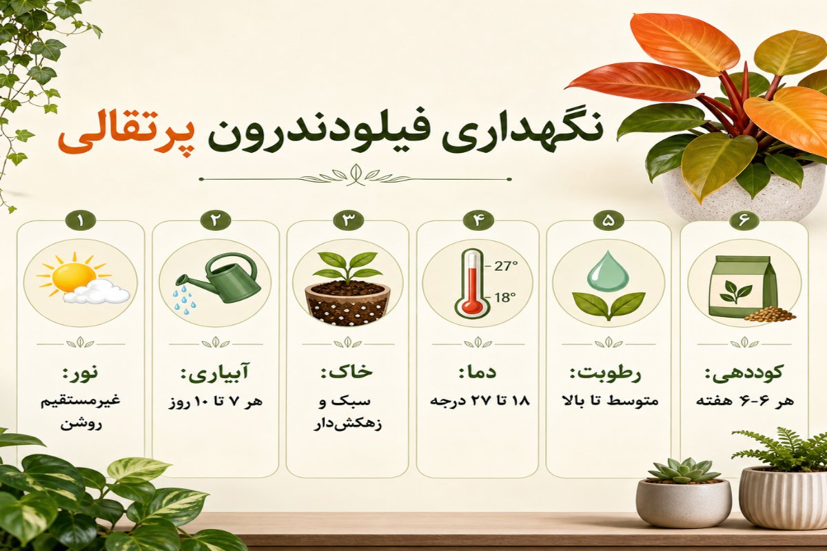 اینفوگرافیک نگهداری فیلودندرون پرتقالی