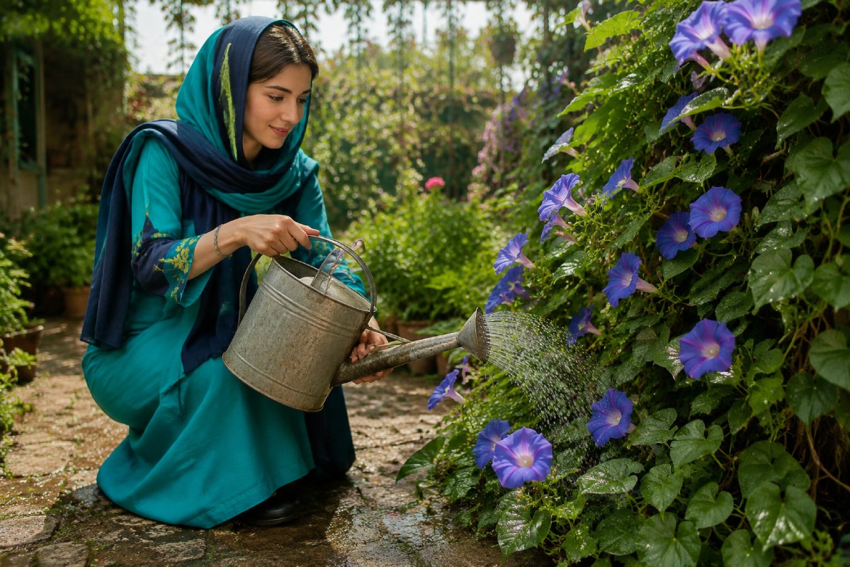 خانمی در حال آبیاری زیاد ایپومیا که علت خشک شدن برگ ایپومیا همین است.