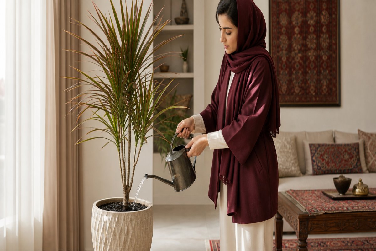 خانمی در حال آبیاری دراسنا پرچمی