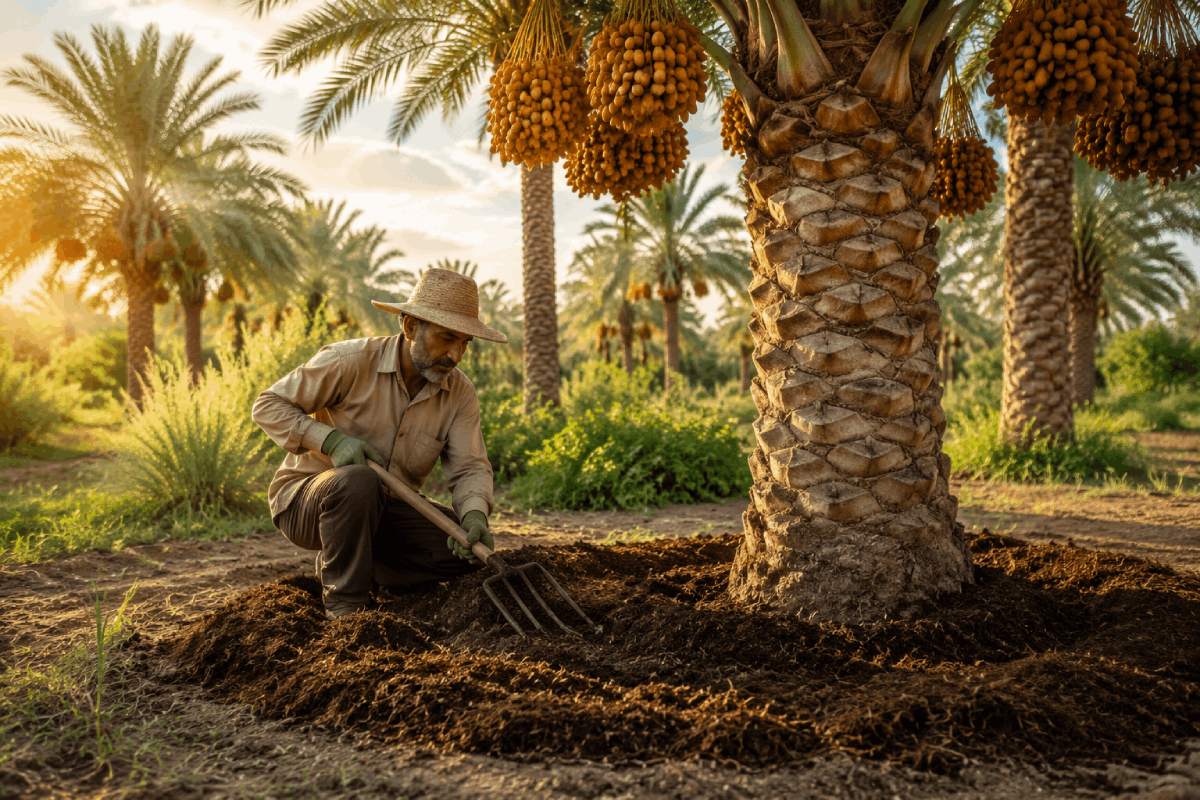 تصویری از باغداری که پای نخل خرما نشسته و در حال استفاده بهترین کود برای نخل خرما ست