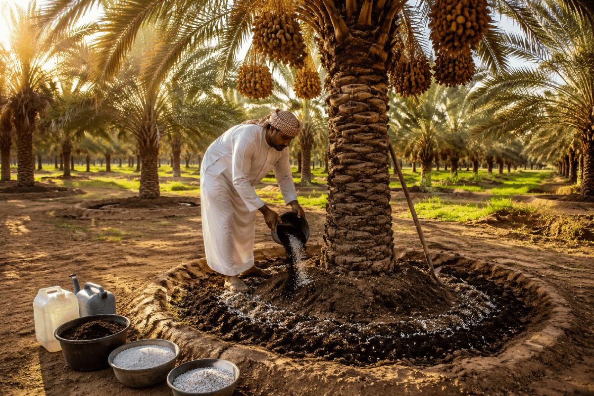 تصویری از مردی با لباس عربی در حال ریختن بهترین کود برای نخل خرما
